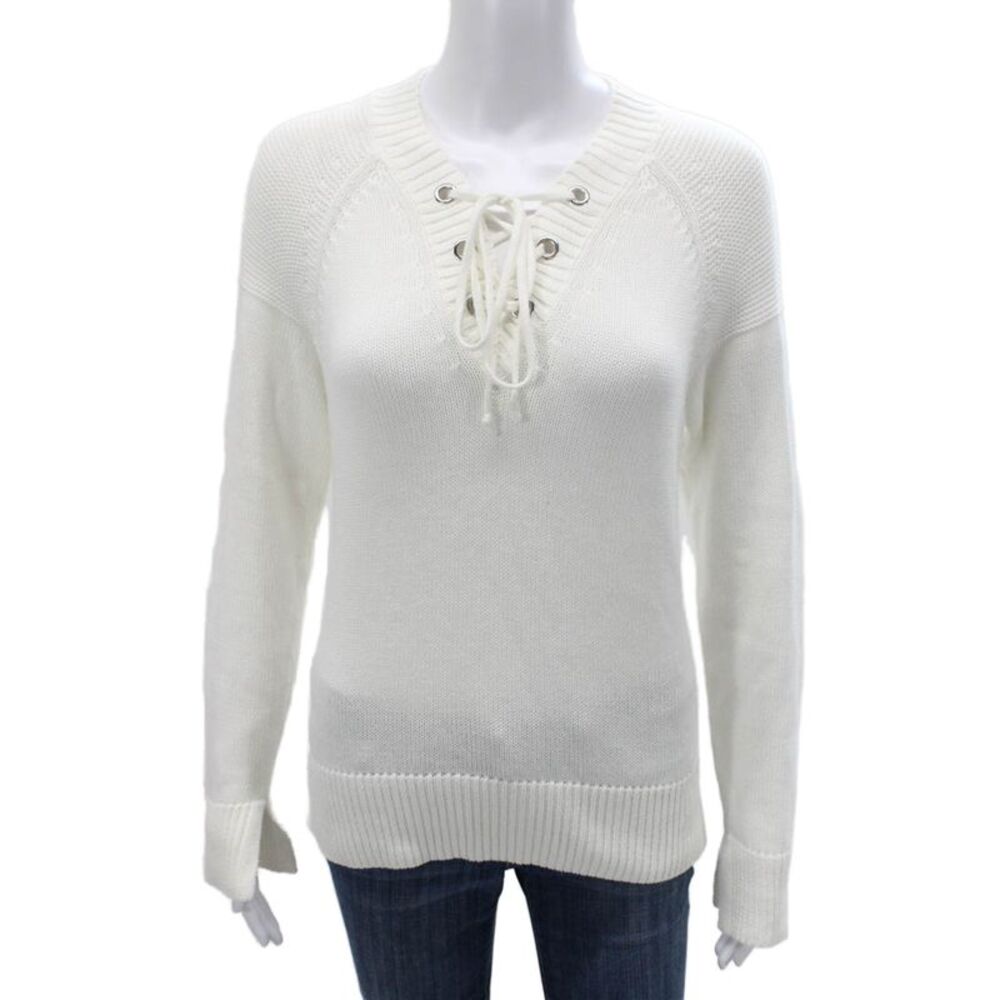 Cotton By Autumn Cashmere Women V-Neck Long Sleeve White Sweater Size S